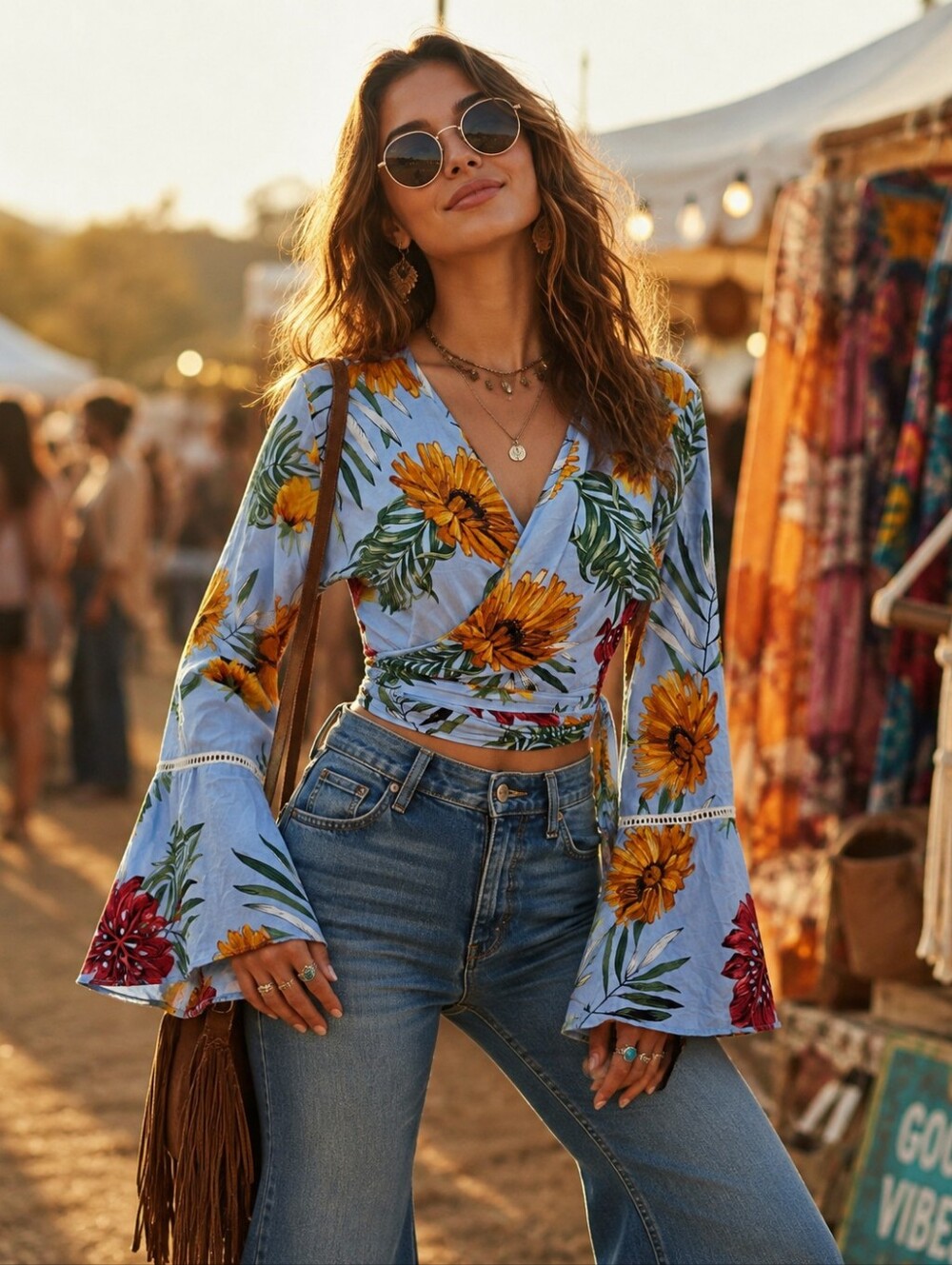 CYN Cynthia Mehra Floral Wrap Crop Top Bell Sleeve NWT L/XL